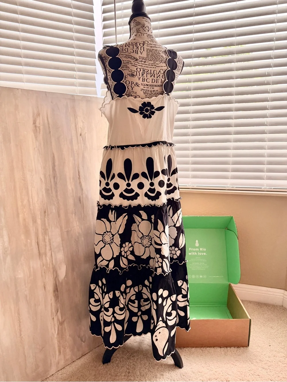 NWT | Sz L | FARM Rio Black & White Scallop-Trim Tiered Midi Dress - Picture 7 of 16